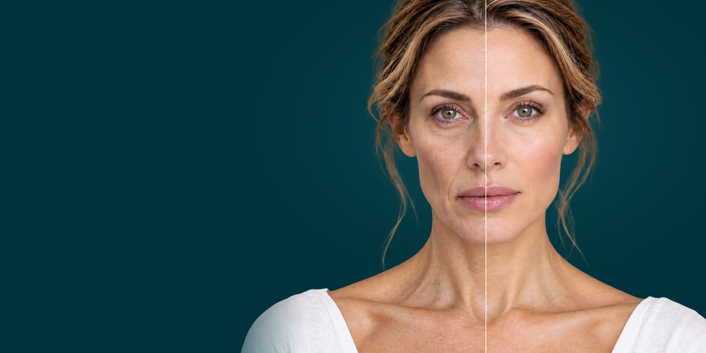 Illustration of facial volume loss after rapid weight loss, with one side of the face restored