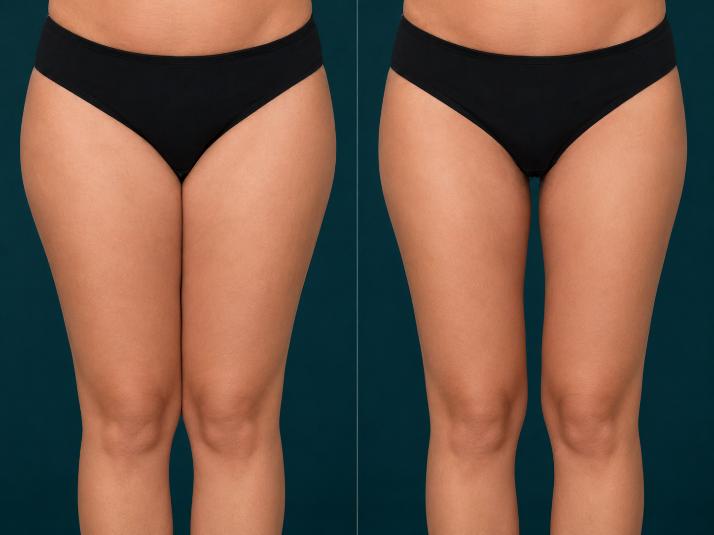 Liposuction before and after, inner thighs, Rejuvenation Dermatology Calgary