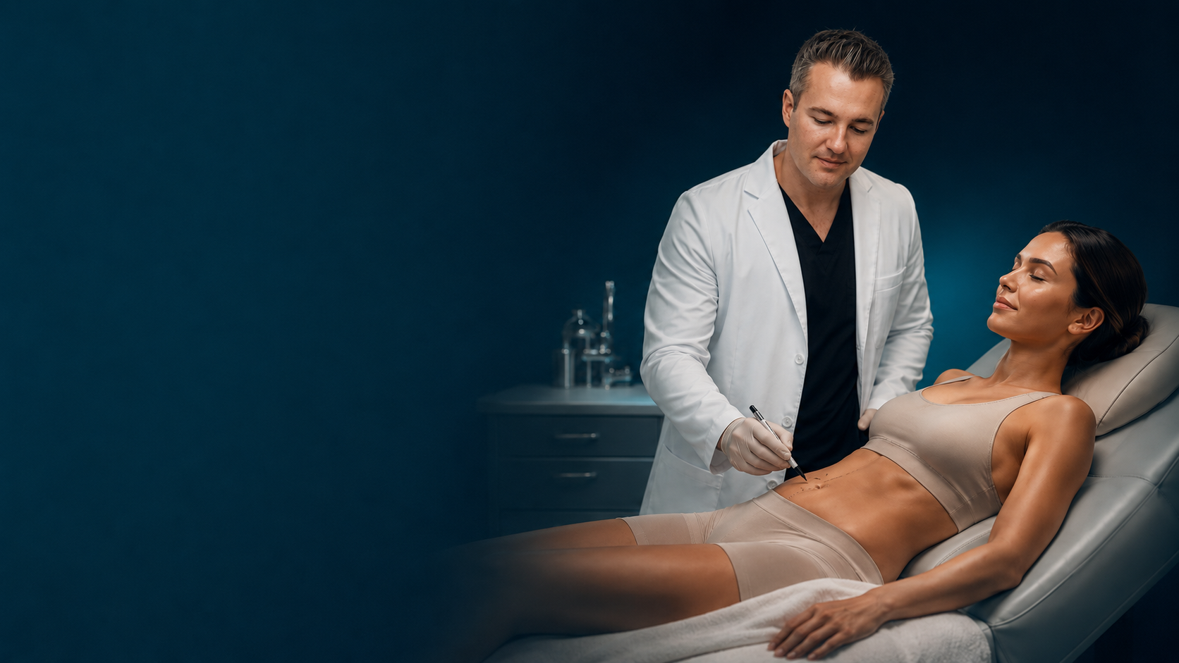Physician preparing a patient for tumescent liposuction at Rejuvenation Dermatology in Calgary