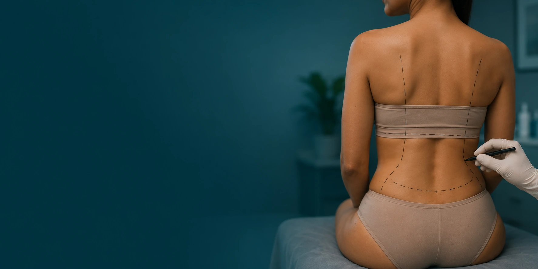 Physician preparing a patient for back and bra line tumescent liposuction at Rejuvenation Dermatology in Calgary