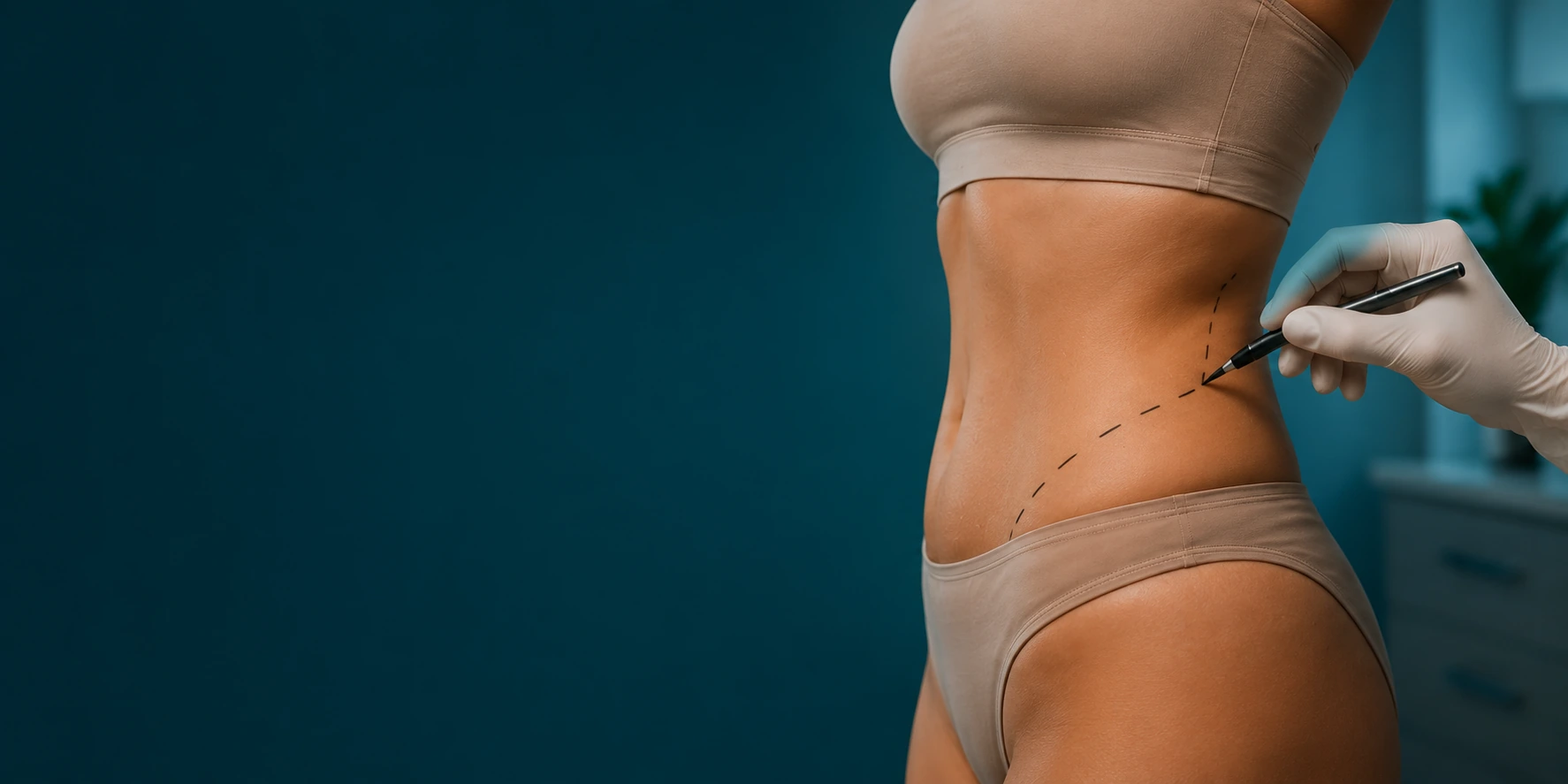 Physician preparing a patient for flank and love handle tumescent liposuction at Rejuvenation Dermatology in Calgary